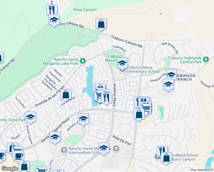map of restaurants, bars, coffee shops, grocery stores, and more near 31481 Santa Margarita Parkway in Rancho Santa Margarita