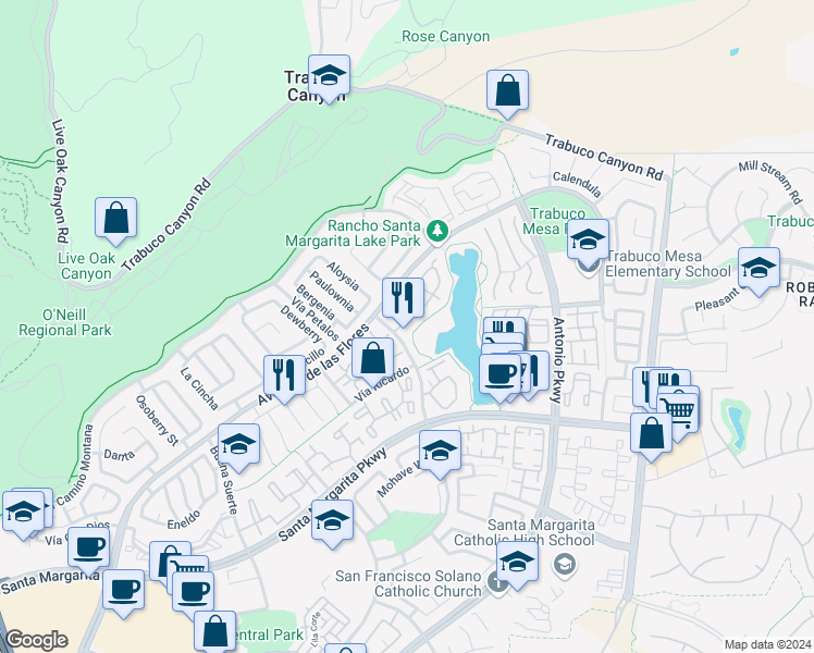 map of restaurants, bars, coffee shops, grocery stores, and more near 6 Pantano in Rancho Santa Margarita