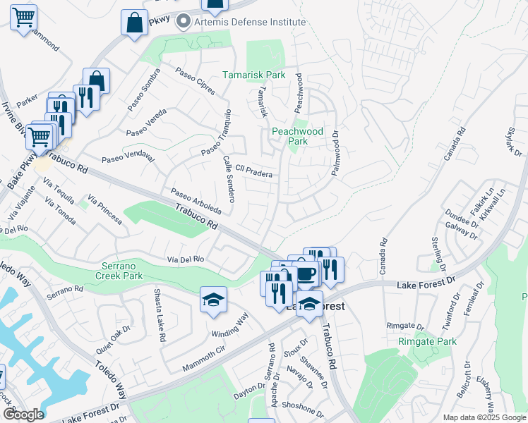 map of restaurants, bars, coffee shops, grocery stores, and more near 21437 Firwood in Lake Forest