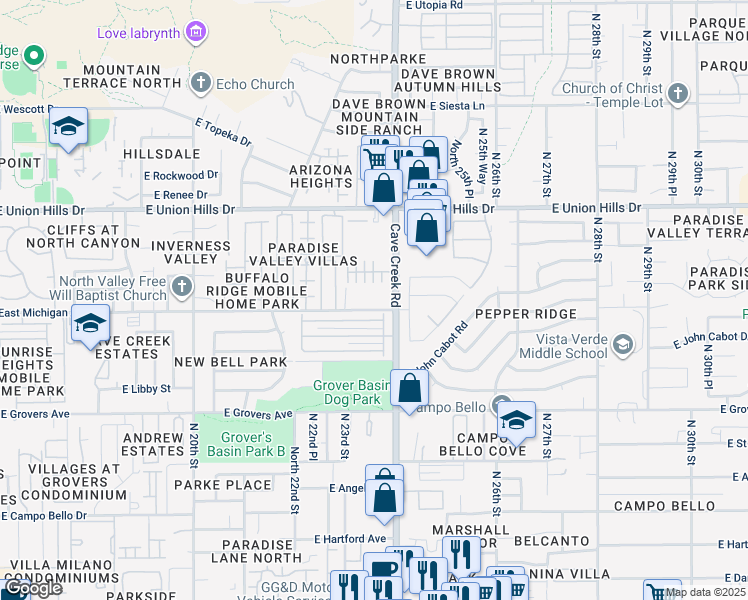 map of restaurants, bars, coffee shops, grocery stores, and more near North 23rd Street in Phoenix