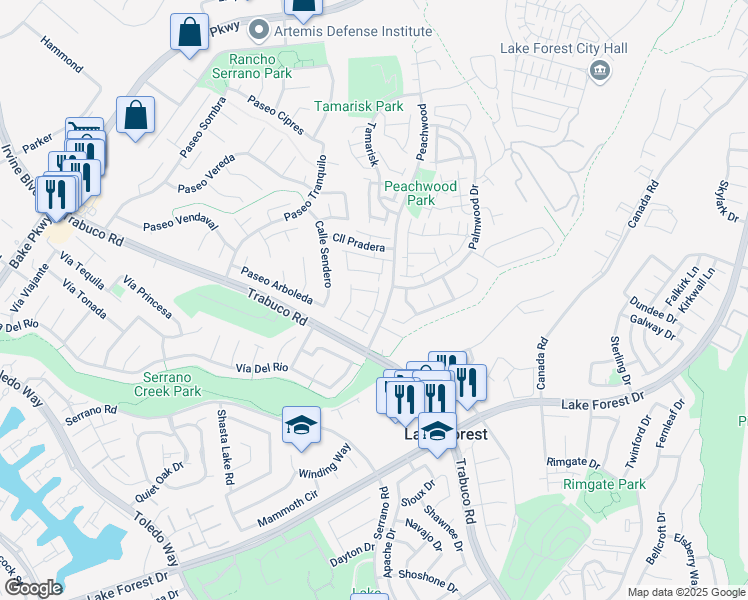 map of restaurants, bars, coffee shops, grocery stores, and more near 21437 Firwood in Lake Forest