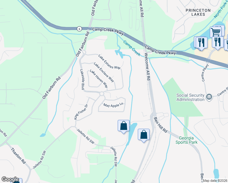 map of restaurants, bars, coffee shops, grocery stores, and more near 3673 Lake Estates Way in Atlanta
