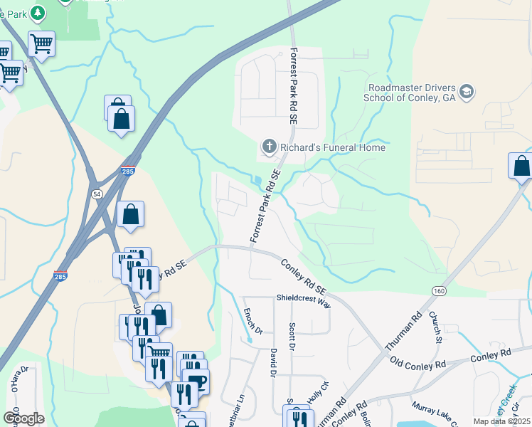 map of restaurants, bars, coffee shops, grocery stores, and more near 3732 Forrest Park Road Southeast in Atlanta