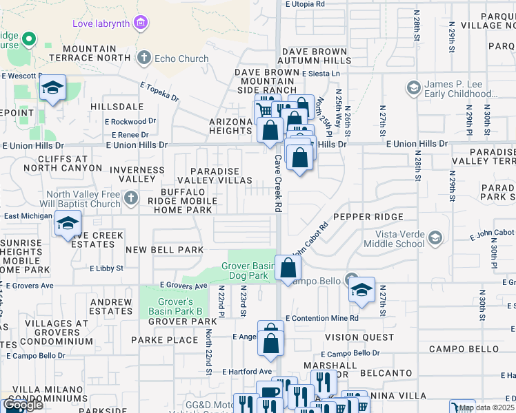 map of restaurants, bars, coffee shops, grocery stores, and more near 18202 North Cave Creek Road in Phoenix