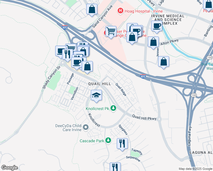 map of restaurants, bars, coffee shops, grocery stores, and more near 44 Duet in Irvine