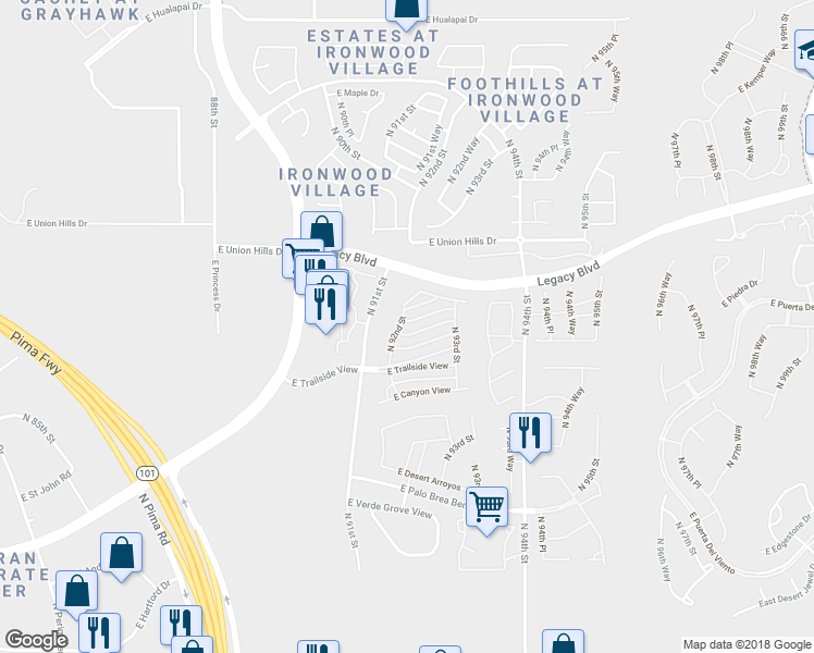 map of restaurants, bars, coffee shops, grocery stores, and more near 18394 North 92nd Street in Scottsdale