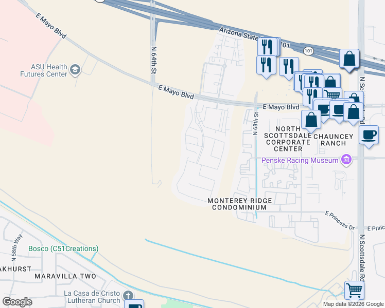map of restaurants, bars, coffee shops, grocery stores, and more near 18310 65th Way in Phoenix