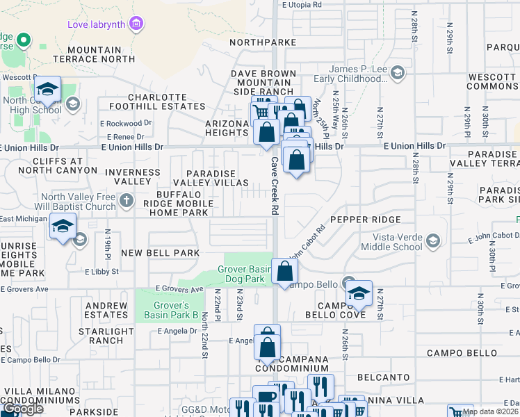 map of restaurants, bars, coffee shops, grocery stores, and more near North 23rd Street in Phoenix