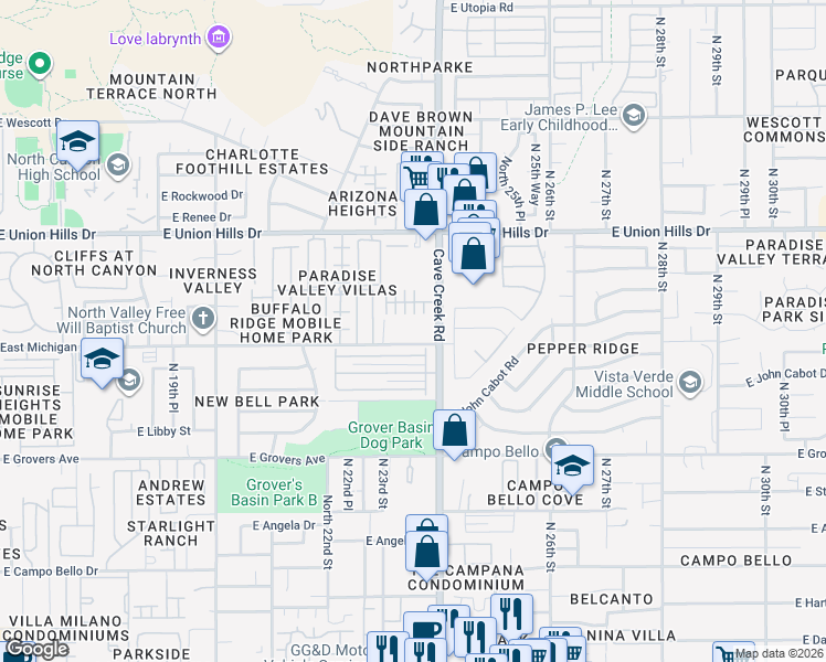 map of restaurants, bars, coffee shops, grocery stores, and more near North 23rd Street in Phoenix