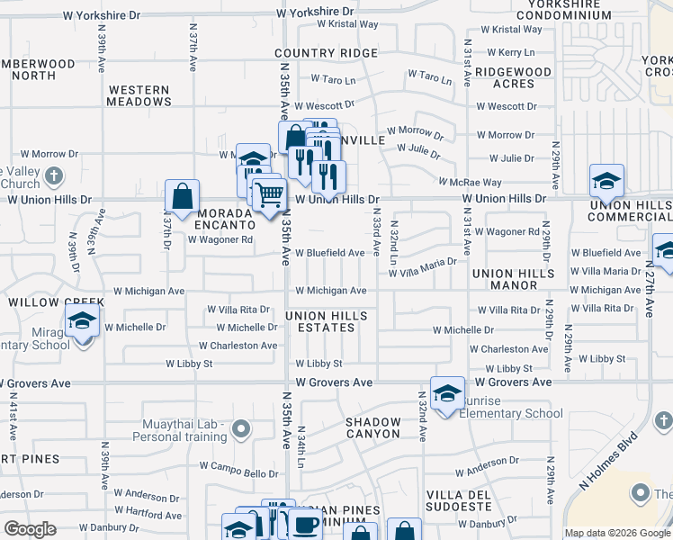 map of restaurants, bars, coffee shops, grocery stores, and more near 18237 North 34th Drive in Phoenix