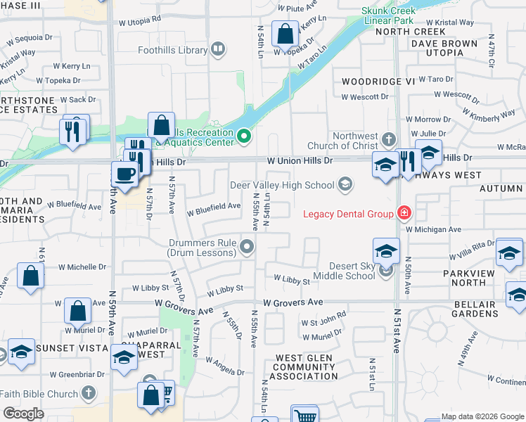 map of restaurants, bars, coffee shops, grocery stores, and more near 18408 North 54th Lane in Glendale