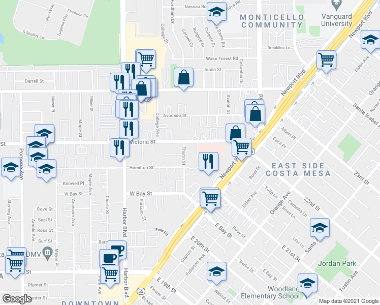 map of restaurants, bars, coffee shops, grocery stores, and more near 2144 Thurin Street in Costa Mesa