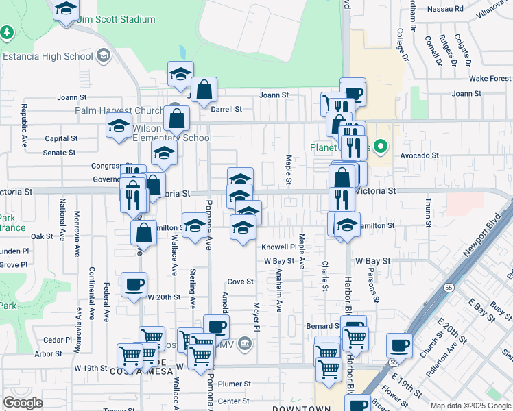 map of restaurants, bars, coffee shops, grocery stores, and more near 645 Victoria Street in Costa Mesa