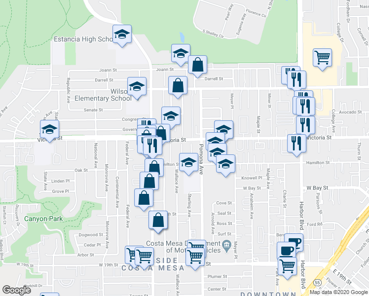 map of restaurants, bars, coffee shops, grocery stores, and more near 724 1/2 Victoria Street in Costa Mesa