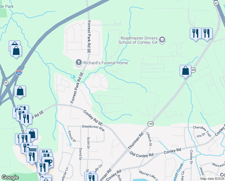 map of restaurants, bars, coffee shops, grocery stores, and more near 1192 Erica Way Southeast in Atlanta