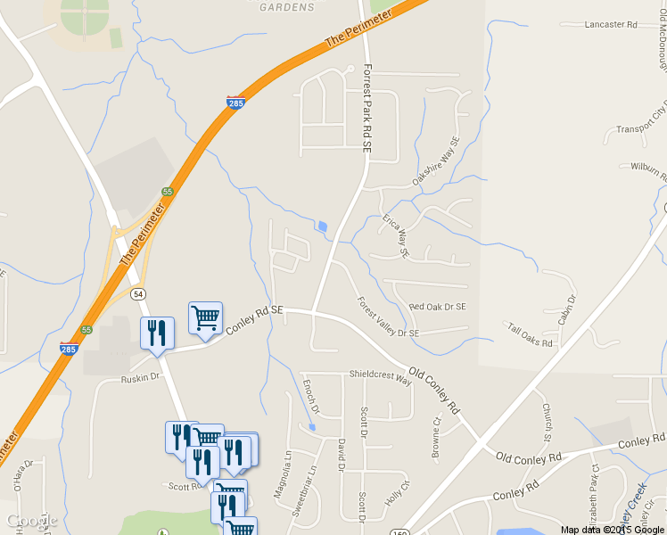 map of restaurants, bars, coffee shops, grocery stores, and more near 3732 Forrest Park Road Southeast in Atlanta