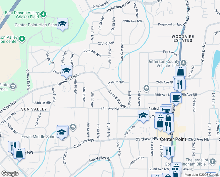 map of restaurants, bars, coffee shops, grocery stores, and more near 333 25th Avenue Northwest in Center Point