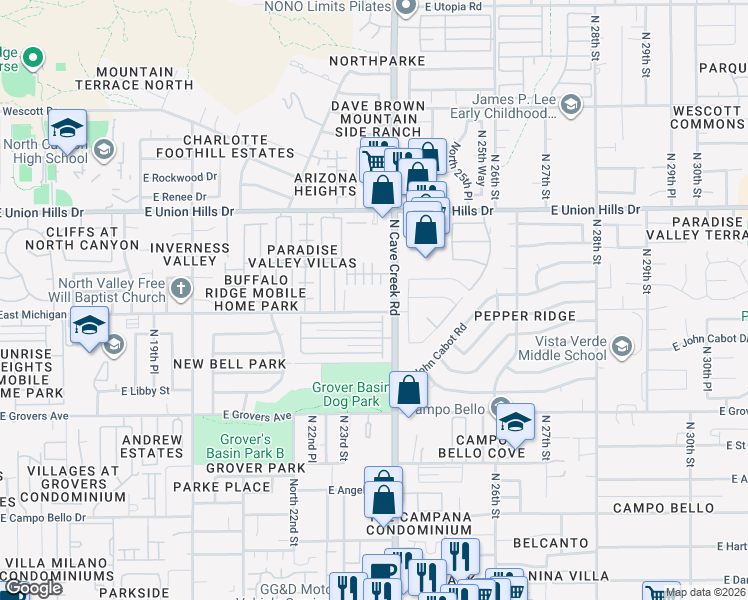 map of restaurants, bars, coffee shops, grocery stores, and more near North 23rd Street in Phoenix