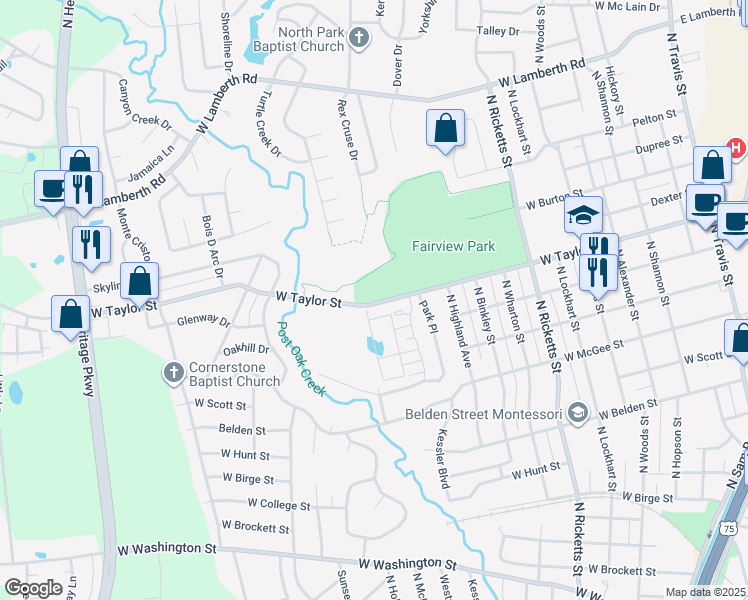 map of restaurants, bars, coffee shops, grocery stores, and more near in Sherman