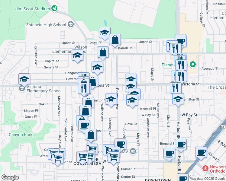 map of restaurants, bars, coffee shops, grocery stores, and more near 2128 Sterling Avenue in Costa Mesa