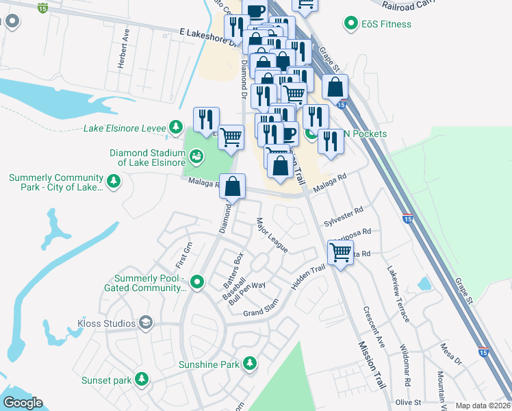 map of restaurants, bars, coffee shops, grocery stores, and more near 29406 Tournament in Lake Elsinore