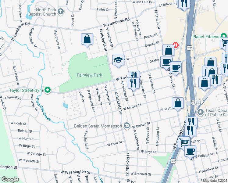 map of restaurants, bars, coffee shops, grocery stores, and more near 1811 North Ricketts Street in Sherman
