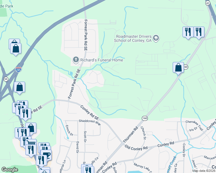 map of restaurants, bars, coffee shops, grocery stores, and more near 1192 Erica Way Southeast in Atlanta