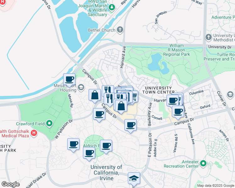 map of restaurants, bars, coffee shops, grocery stores, and more near 131 Stanford in Irvine