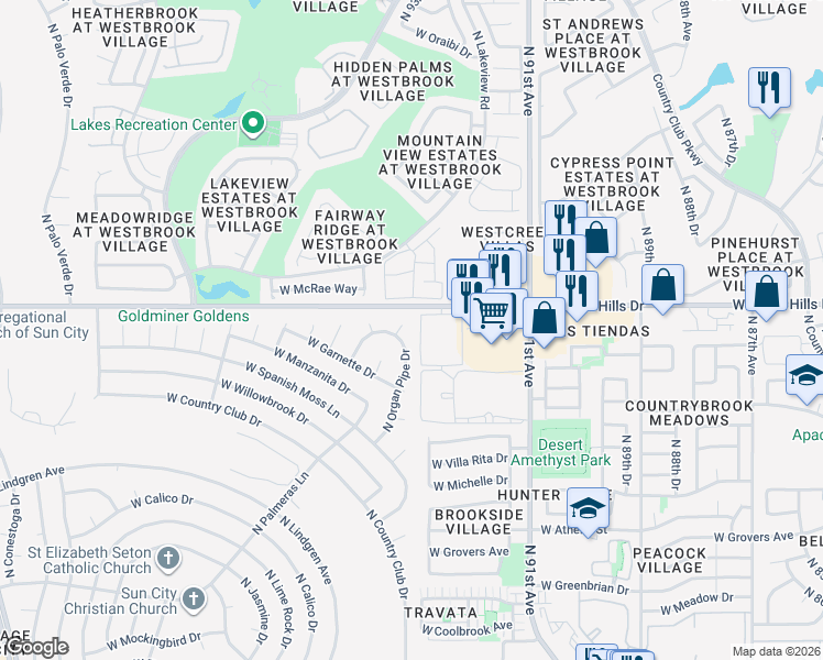 map of restaurants, bars, coffee shops, grocery stores, and more near 18422 North Scenic Court in Sun City