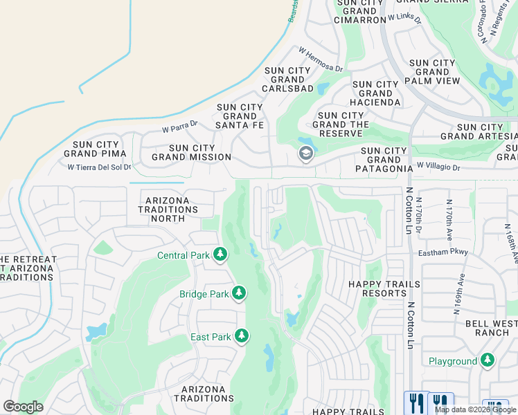 map of restaurants, bars, coffee shops, grocery stores, and more near 17200 West Bell Road in Surprise
