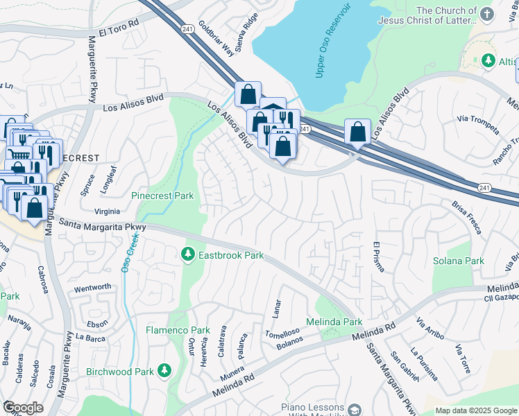 map of restaurants, bars, coffee shops, grocery stores, and more near 21384 Miramar in Mission Viejo