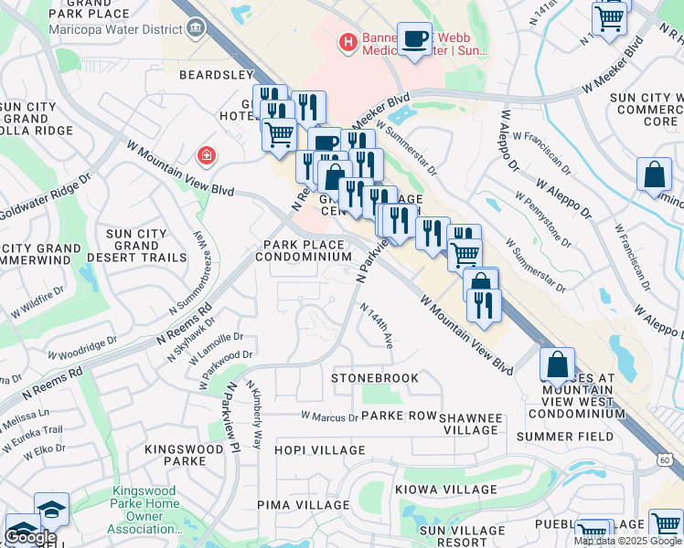 map of restaurants, bars, coffee shops, grocery stores, and more near 18510 North Parkview Place in Surprise