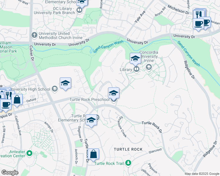 map of restaurants, bars, coffee shops, grocery stores, and more near in Irvine