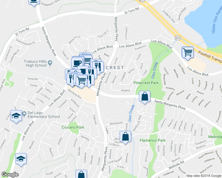 map of restaurants, bars, coffee shops, grocery stores, and more near 23322 Virginia in Mission Viejo