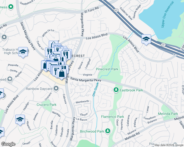 map of restaurants, bars, coffee shops, grocery stores, and more near 28111 Virginia in Mission Viejo