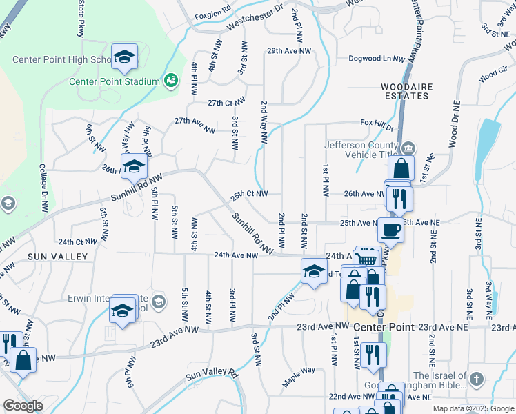 map of restaurants, bars, coffee shops, grocery stores, and more near 316 25th Avenue Northwest in Center Point