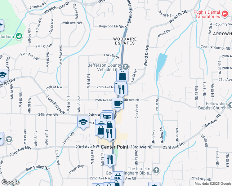 map of restaurants, bars, coffee shops, grocery stores, and more near 7 25th Court Northwest in Center Point