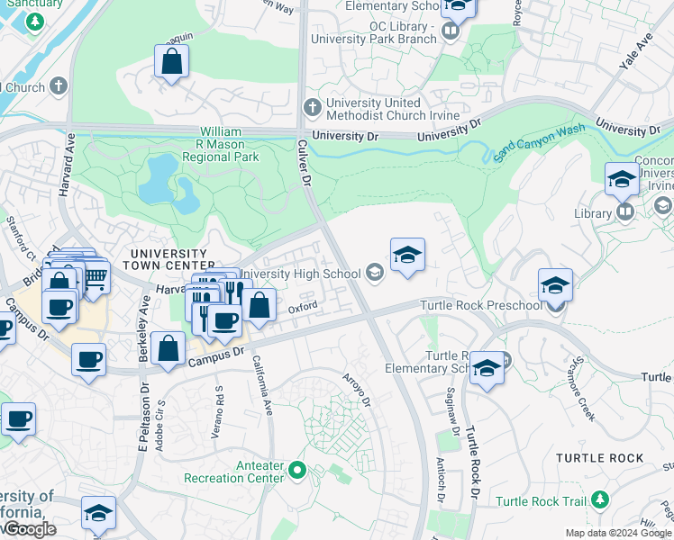 map of restaurants, bars, coffee shops, grocery stores, and more near in Irvine