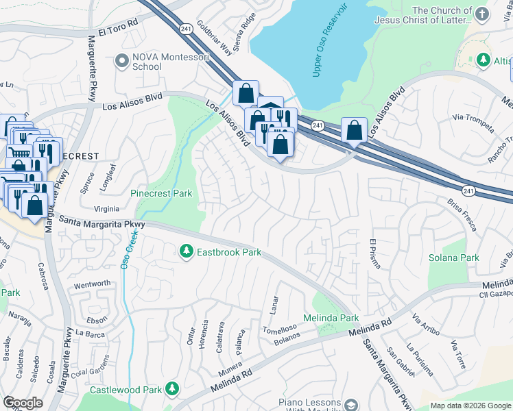 map of restaurants, bars, coffee shops, grocery stores, and more near 21384 Miramar in Mission Viejo