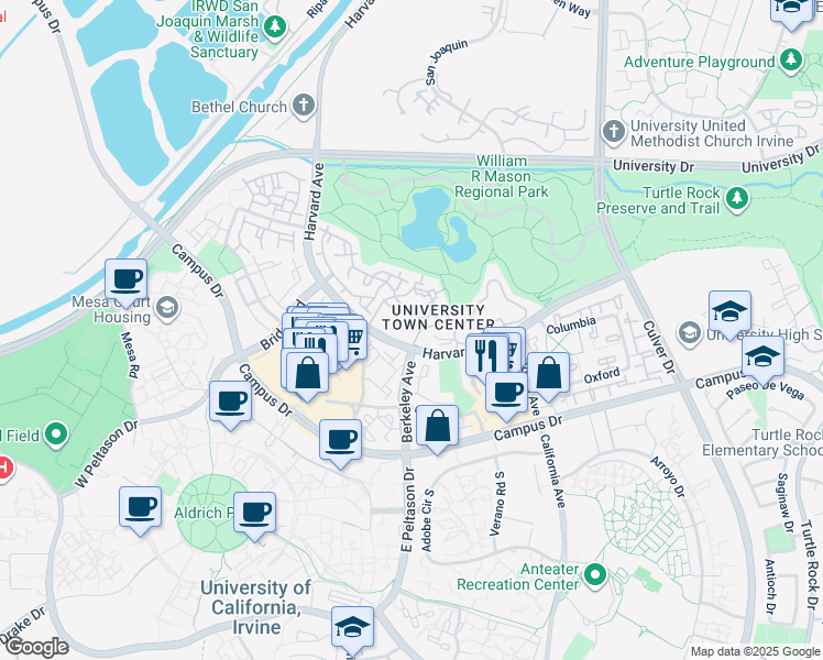 map of restaurants, bars, coffee shops, grocery stores, and more near 10 Marquette in Irvine