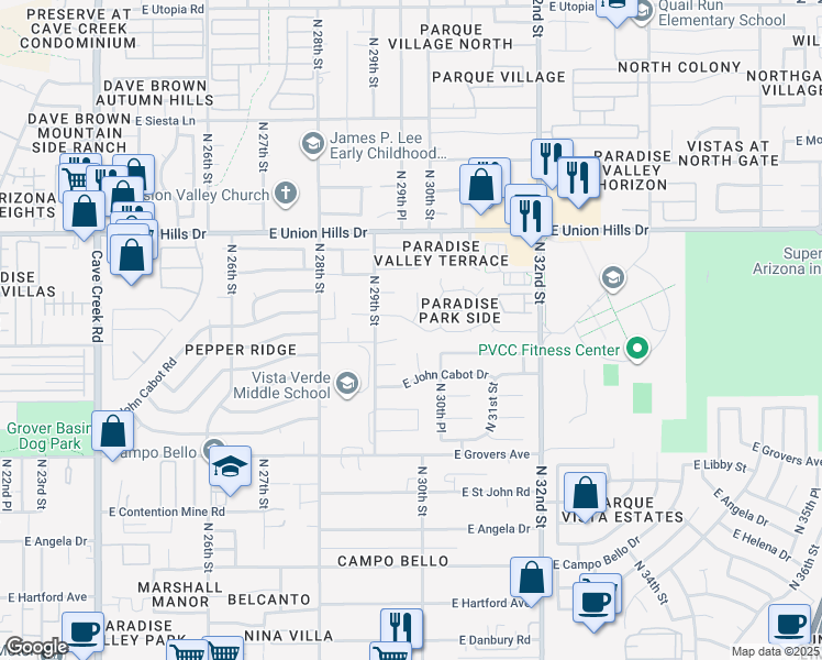 map of restaurants, bars, coffee shops, grocery stores, and more near 18222 North 30th Street in Phoenix