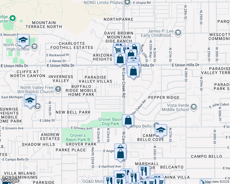 map of restaurants, bars, coffee shops, grocery stores, and more near North 23rd Street in Phoenix
