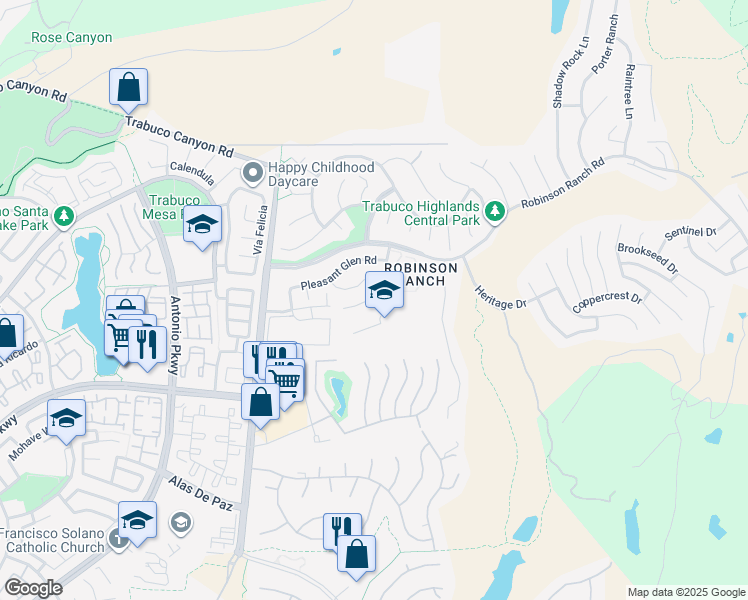 map of restaurants, bars, coffee shops, grocery stores, and more near 21400 Lindsay Drive in Trabuco Canyon