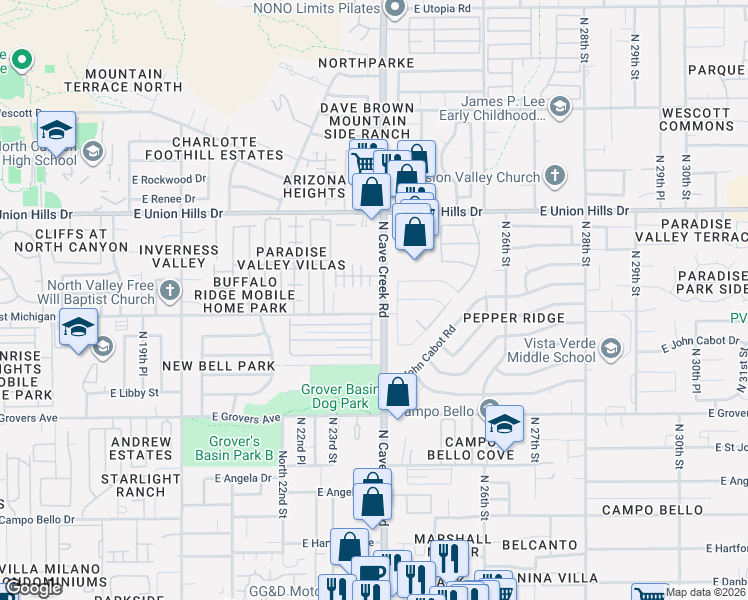 map of restaurants, bars, coffee shops, grocery stores, and more near North 23rd Street in Phoenix