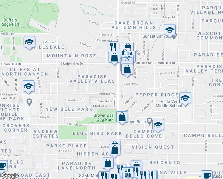 map of restaurants, bars, coffee shops, grocery stores, and more near North 23rd Street in Phoenix