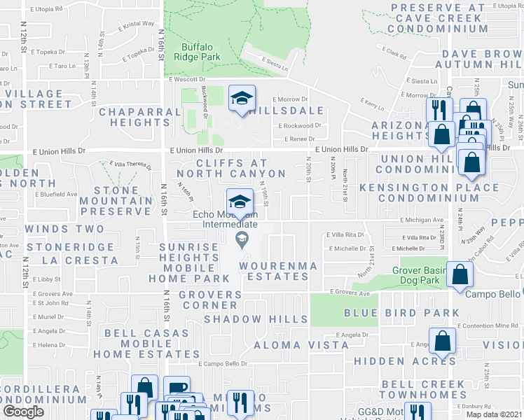 map of restaurants, bars, coffee shops, grocery stores, and more near 1833 East Bluefield Avenue in Phoenix