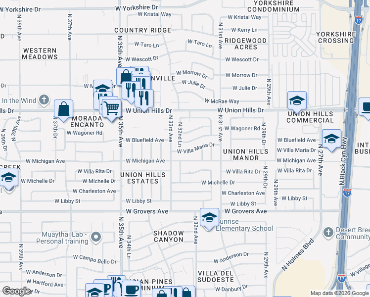 map of restaurants, bars, coffee shops, grocery stores, and more near 18402 North 32nd Lane in Phoenix