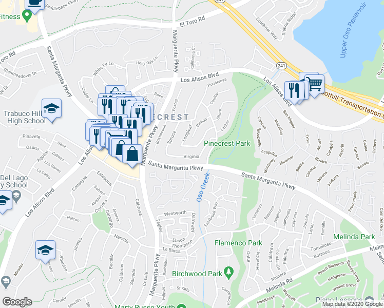 map of restaurants, bars, coffee shops, grocery stores, and more near 28091 Virginia in Mission Viejo