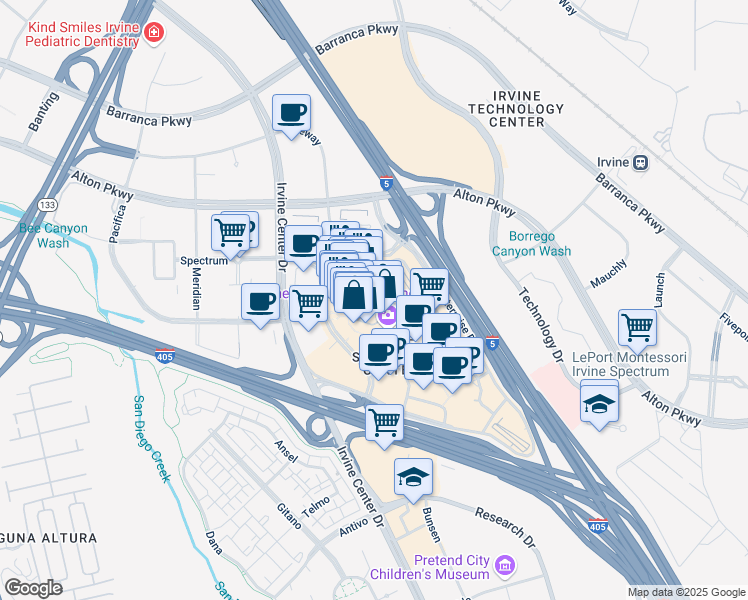 map of restaurants, bars, coffee shops, grocery stores, and more near 508 Spectrum Center Drive in Irvine