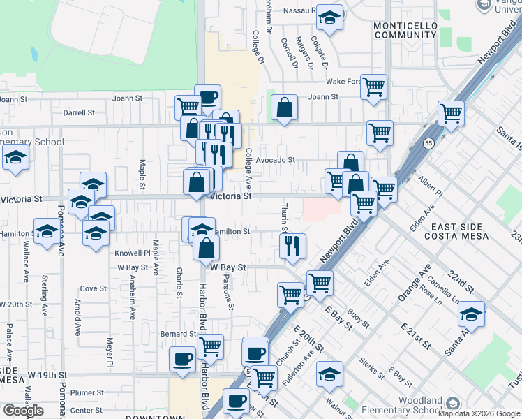 map of restaurants, bars, coffee shops, grocery stores, and more near 365 Victoria Street in Costa Mesa